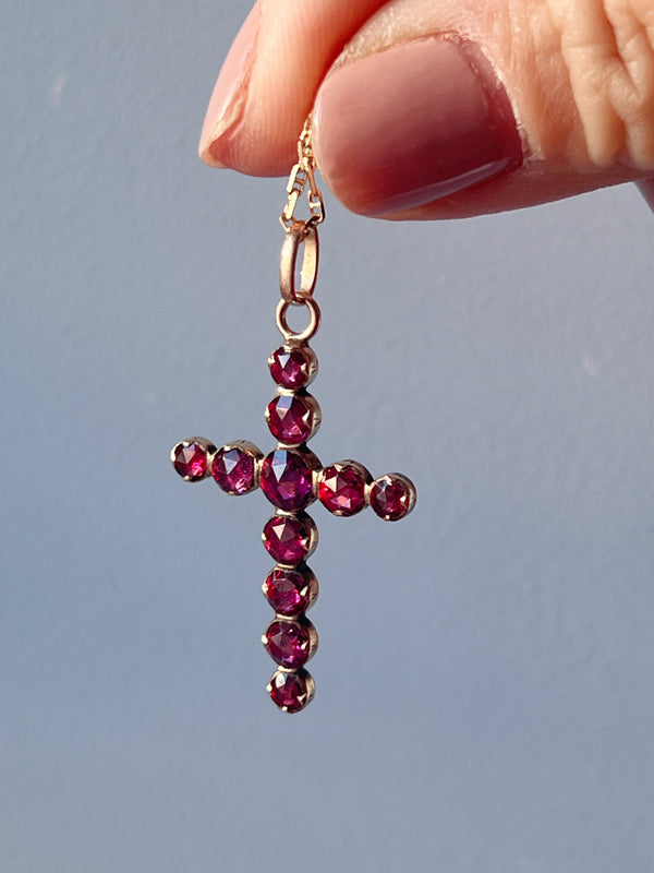 Antique 18K gold Perpignan garnet cross pendant