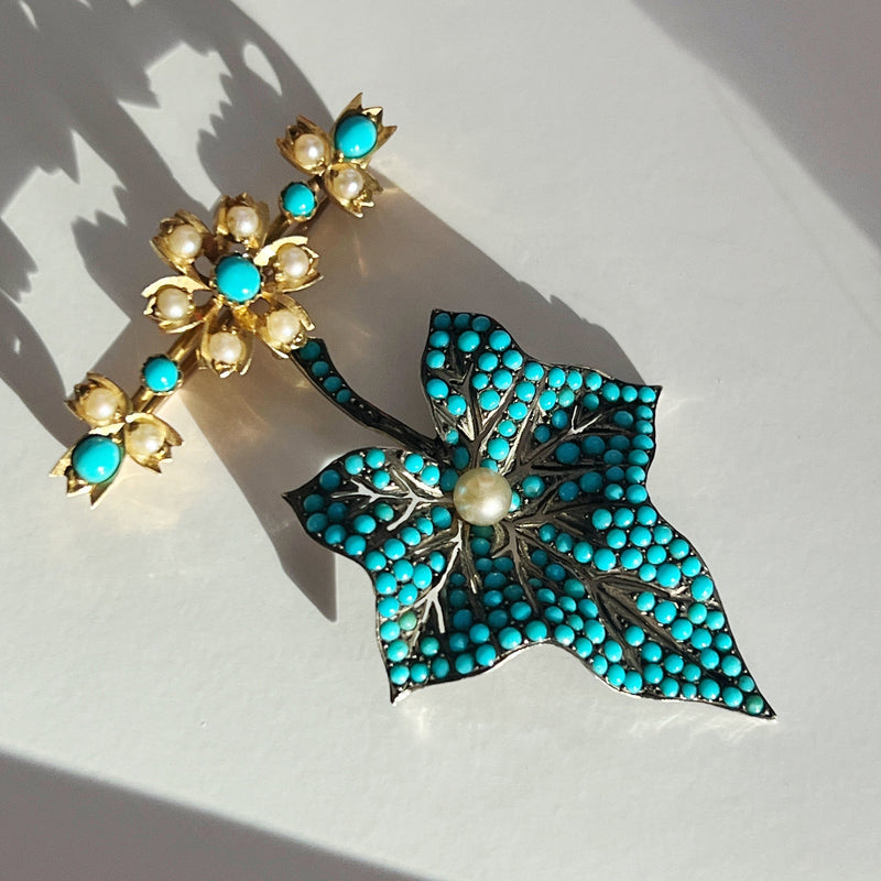 Large Victorian era turquoise maple leaf flower brooch