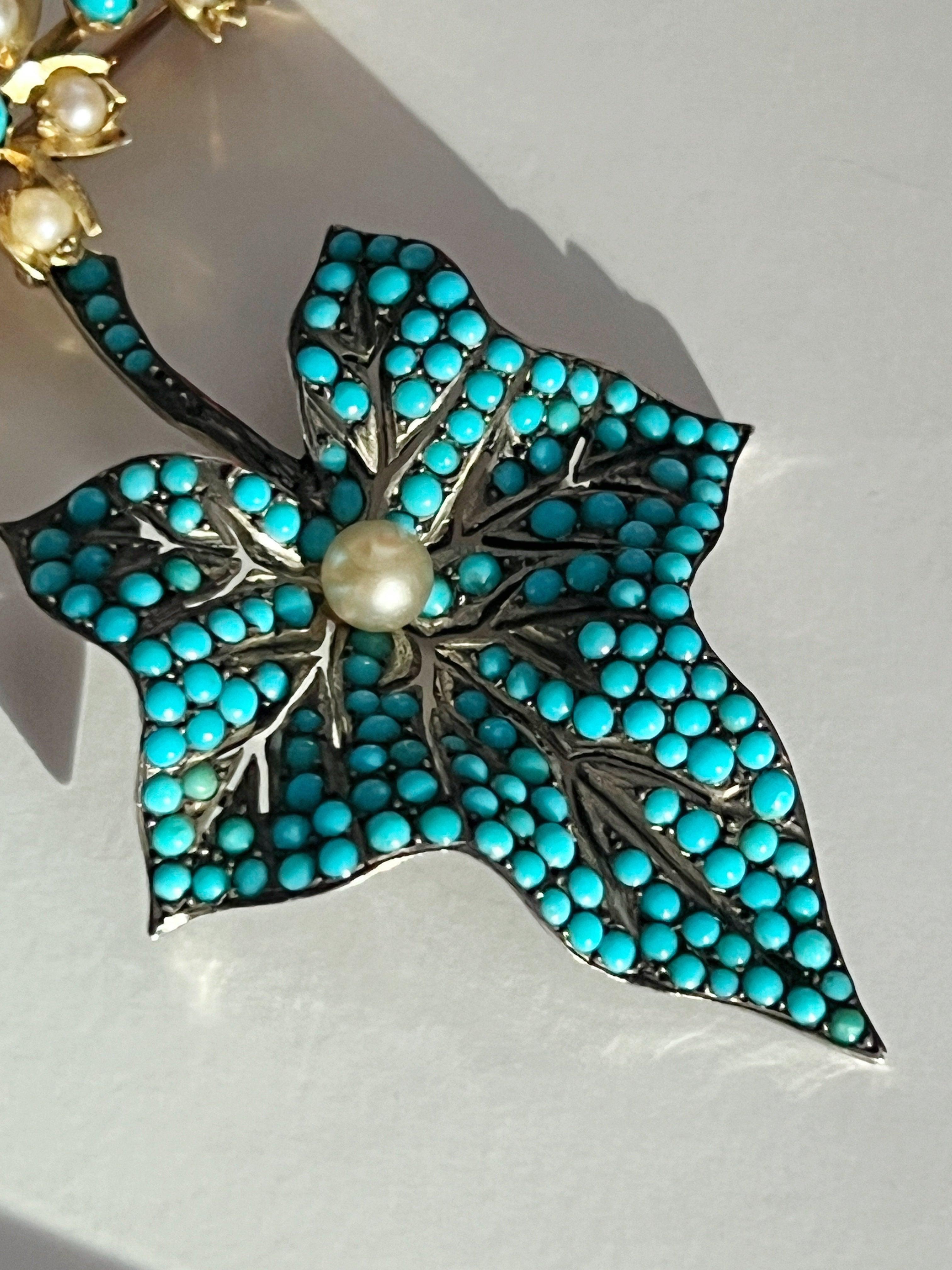 Large Victorian era turquoise maple leaf flower brooch - Curiously timeless