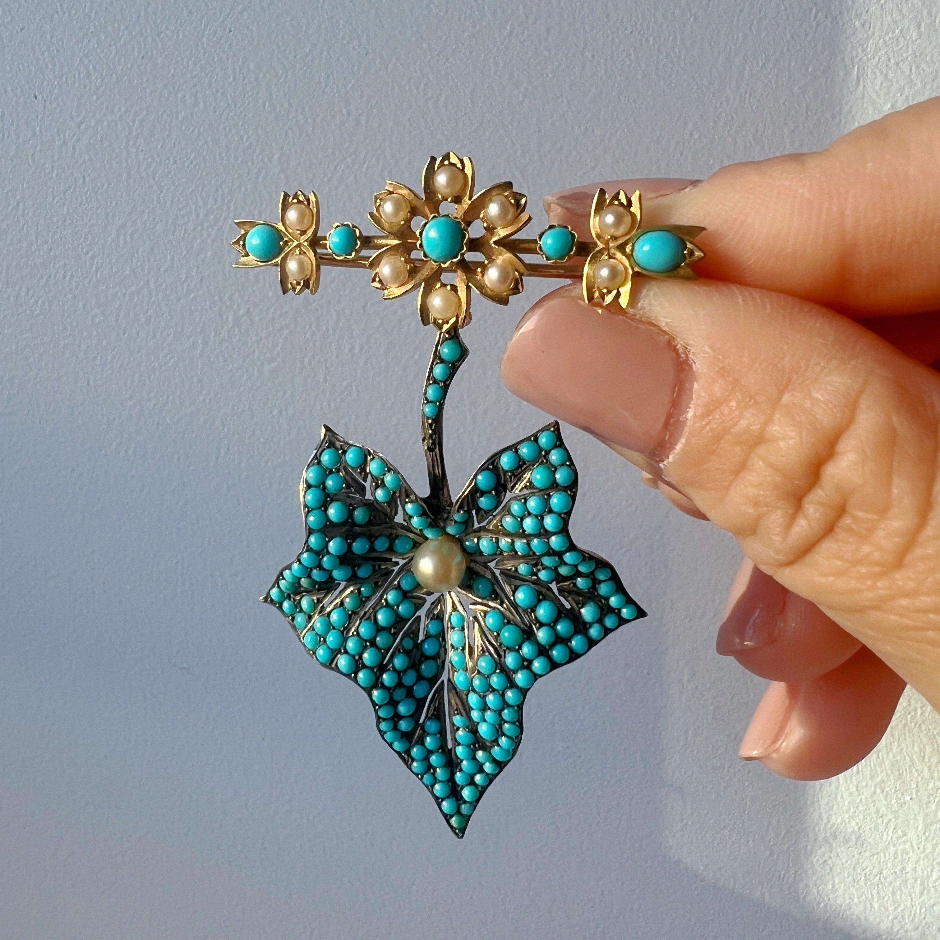 Large Victorian era turquoise maple leaf flower brooch - Curiously timeless