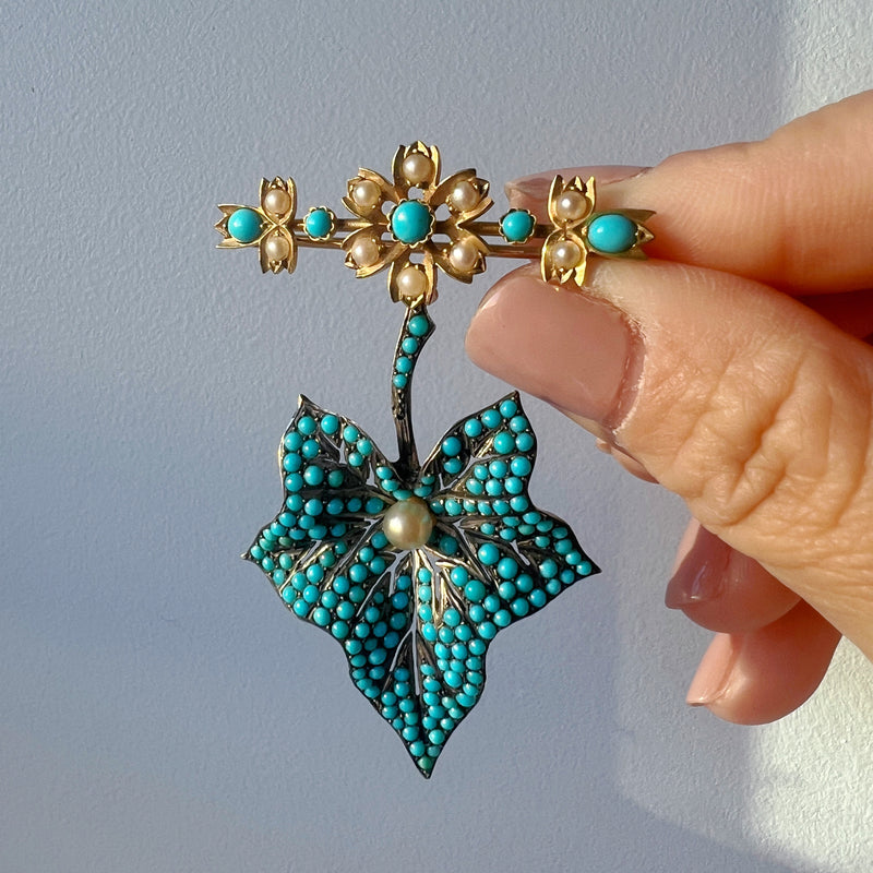 Large Victorian era turquoise maple leaf flower brooch