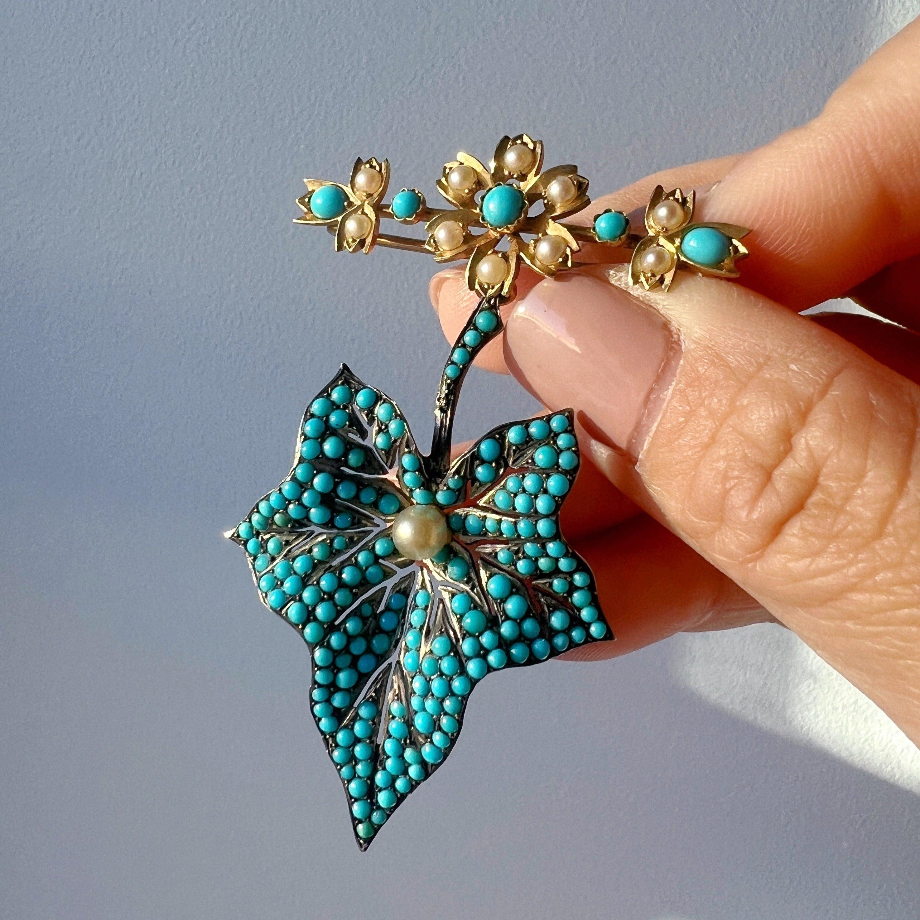 Large Victorian era turquoise maple leaf flower brooch - Curiously timeless