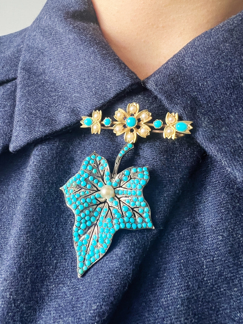 Victorian era turquoise ivy leaf brooch