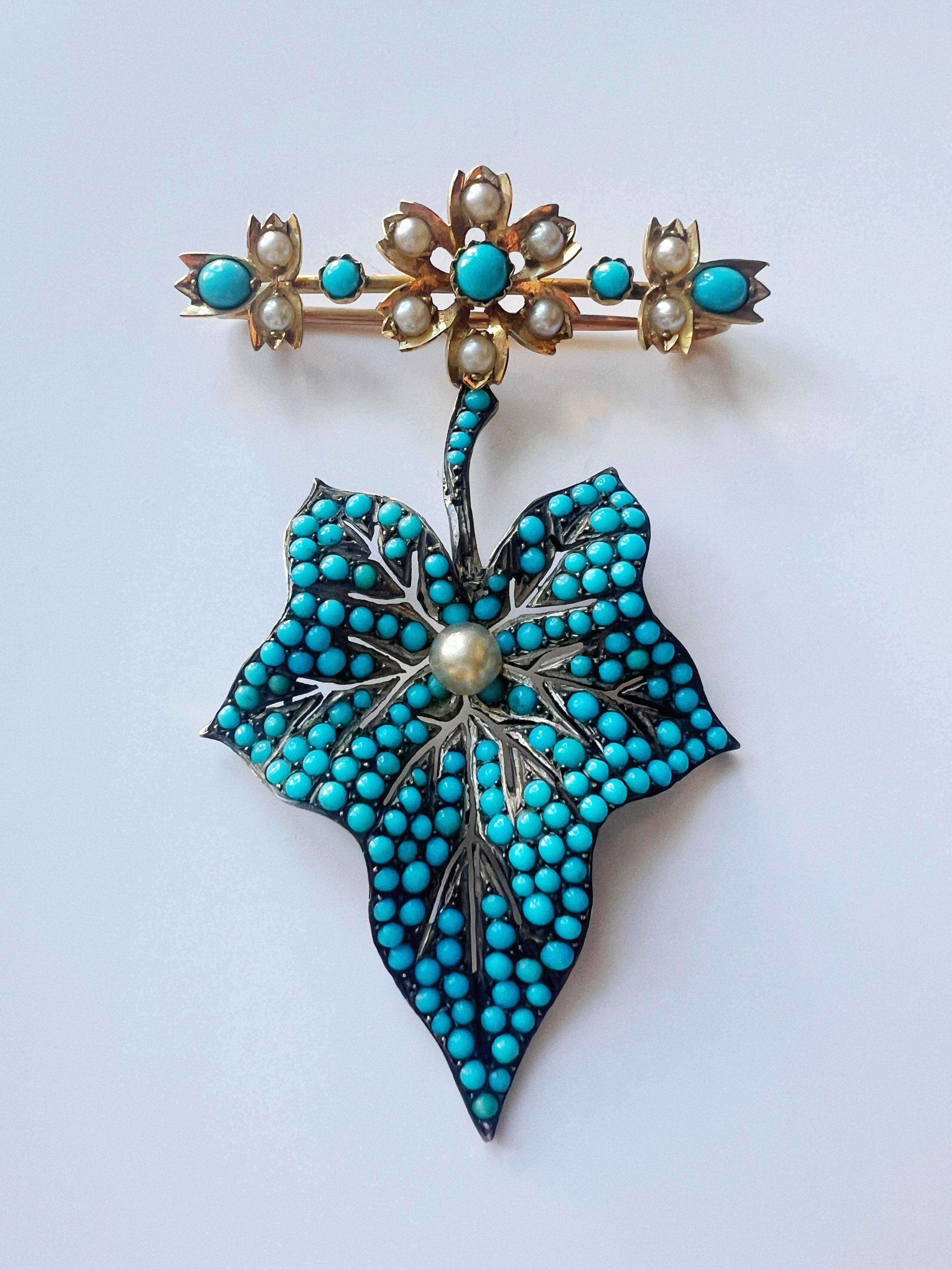 Large Victorian era turquoise maple leaf flower brooch - Curiously timeless