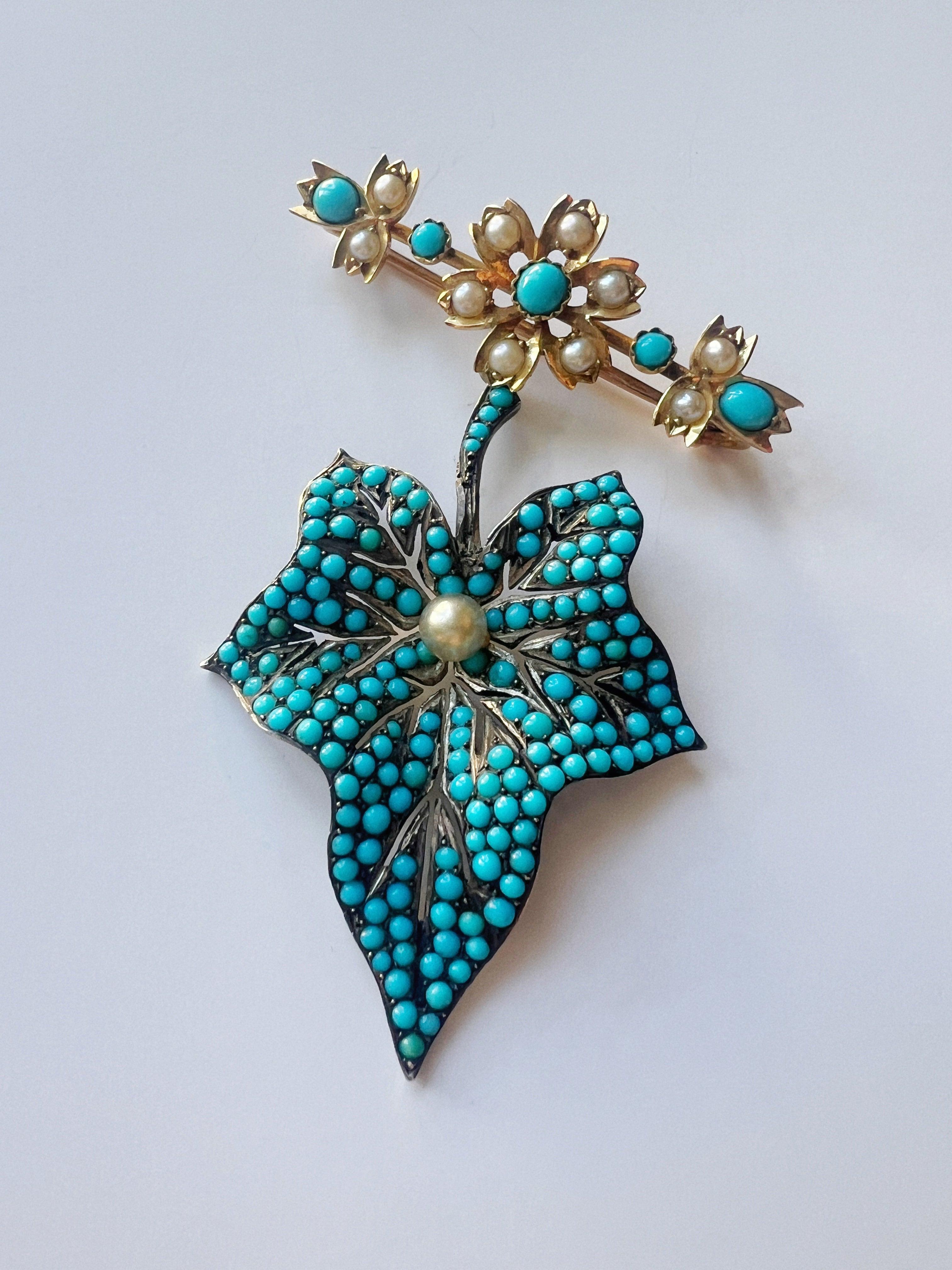 Large Victorian era turquoise maple leaf flower brooch - Curiously timeless