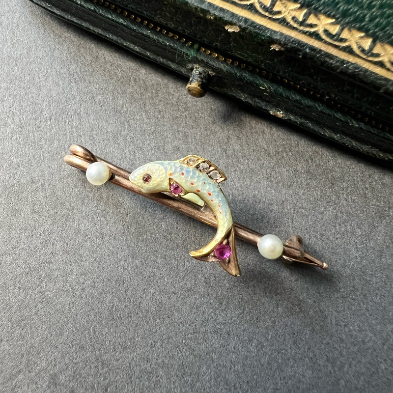 Victorian era 14K trembling enameled fish pin brooch