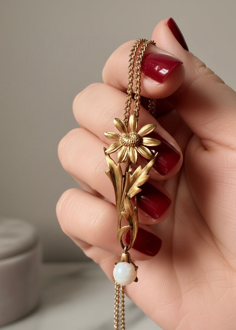 Art Nouveau era 18K gold opal daisy flower pendant