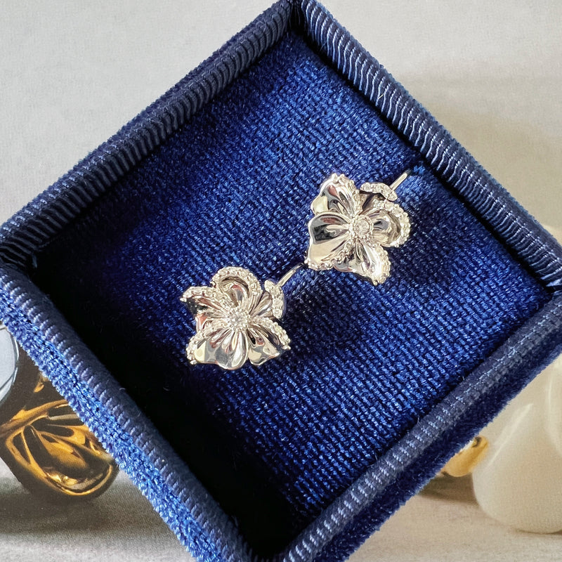 18K gold diamond pansy flower sleeper earrings