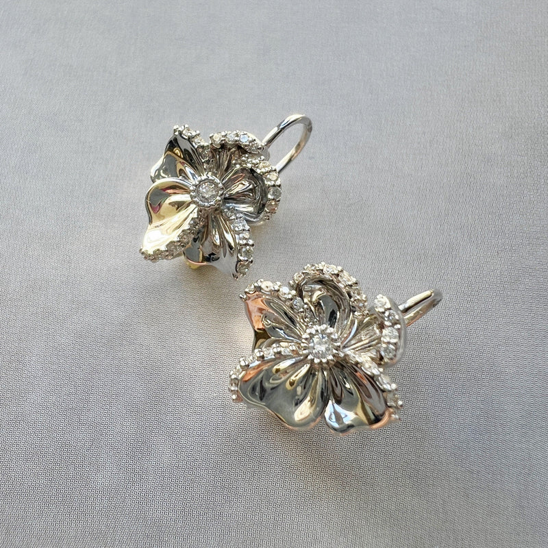 18K gold diamond pansy flower lever back earrings