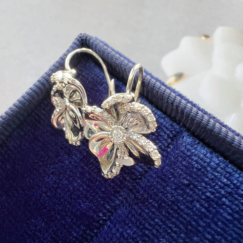 18K gold diamond pansy flower sleeper earrings