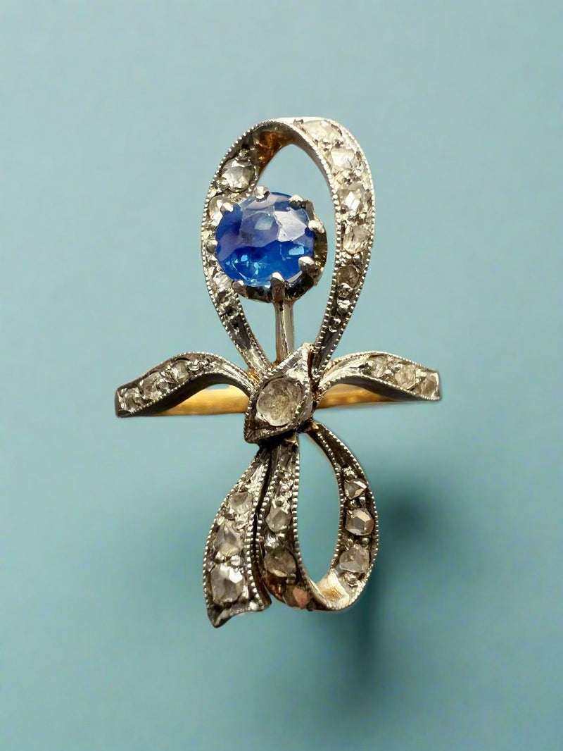 edwardian 18K gold blue sapphire diamond ring