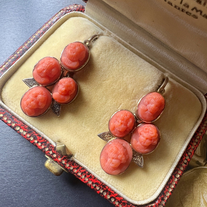 Victorian era 14K gold coral cameo cherub angel earrings