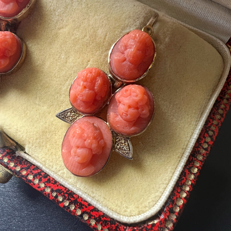 Victorian era 14K gold coral cameo cherub angel earrings