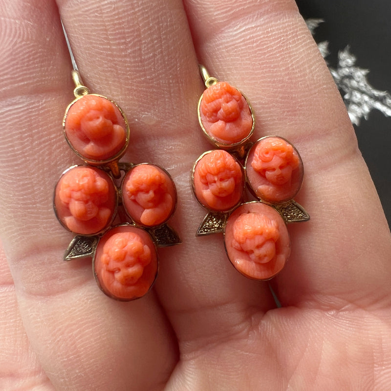 Victorian era 14K gold coral cameo cherub angel earrings