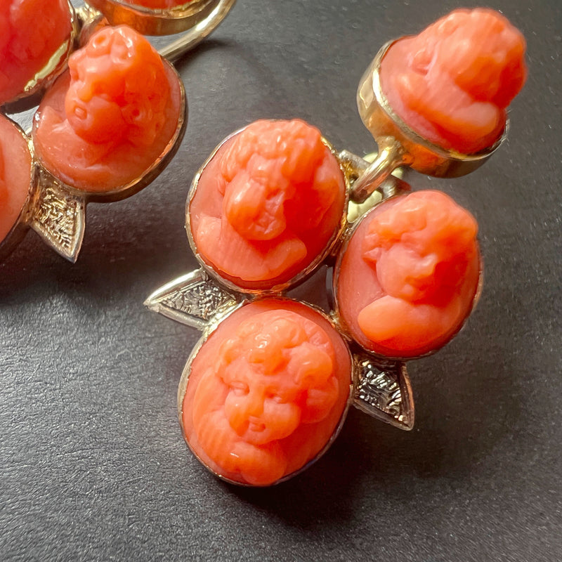 Victorian era 14K gold coral cameo cherub angel earrings