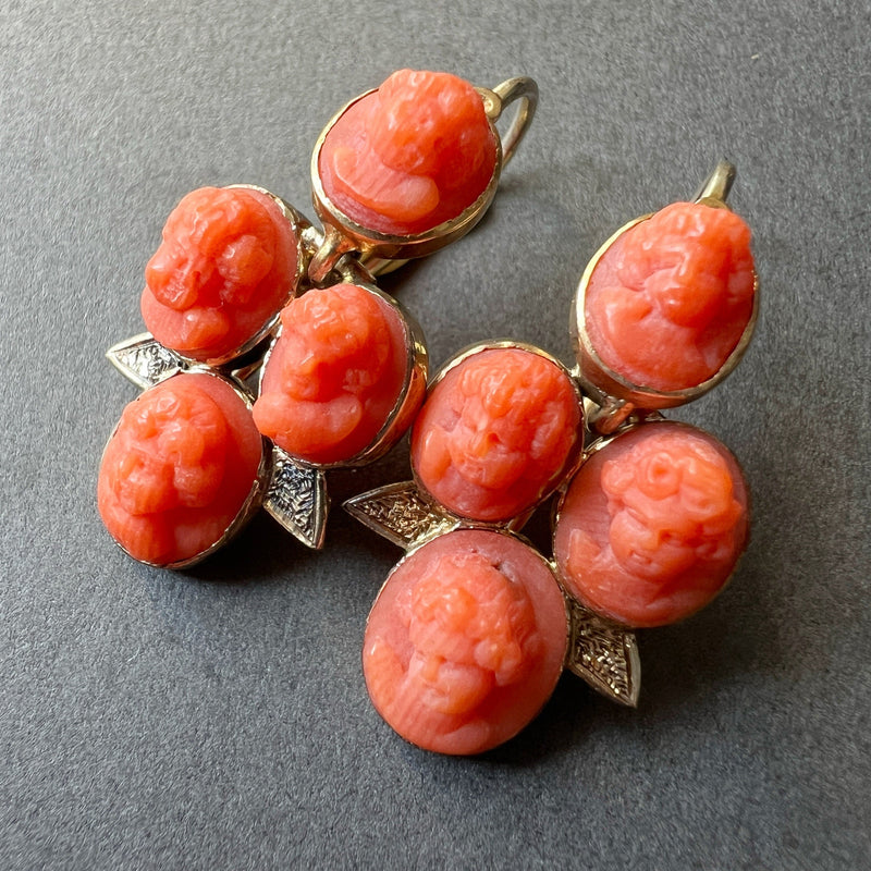 Victorian era 14K gold coral cameo cherub angel earrings