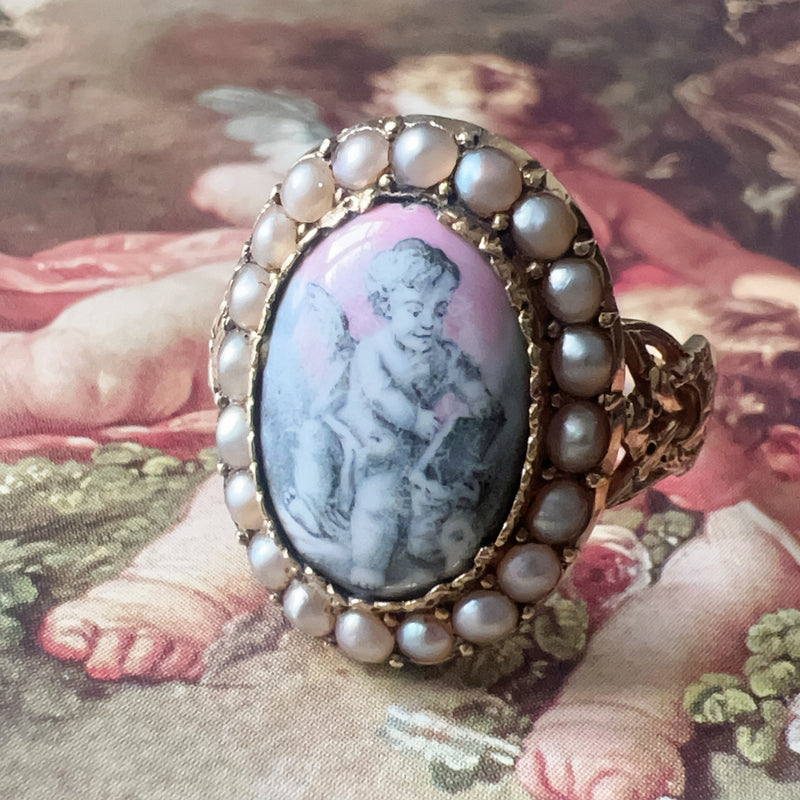 Victorian 18K gold enamelled cherub natural pearls ring