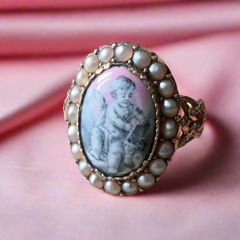 Victorian 18K gold enamelled cherub natural pearls ring