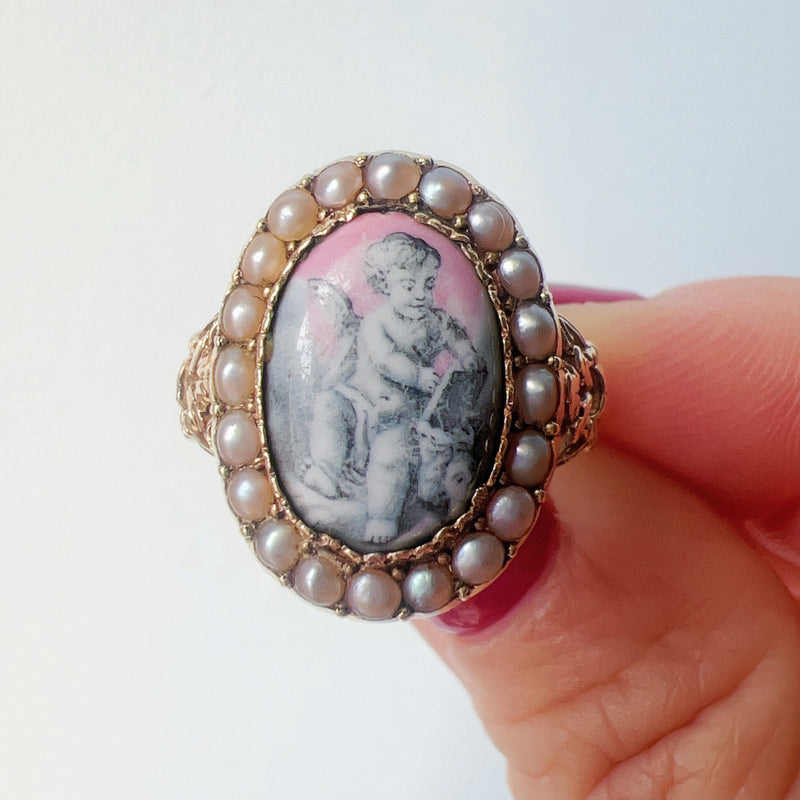 Victorian 18K gold enamelled cherub natural pearls ring