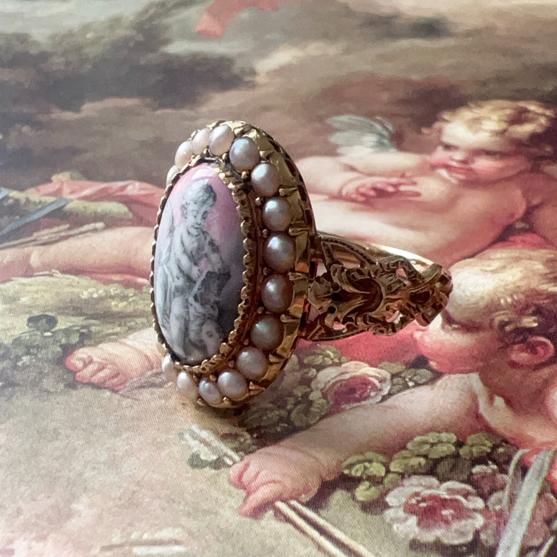 Victorian 18K gold enamelled cherub natural pearls ring