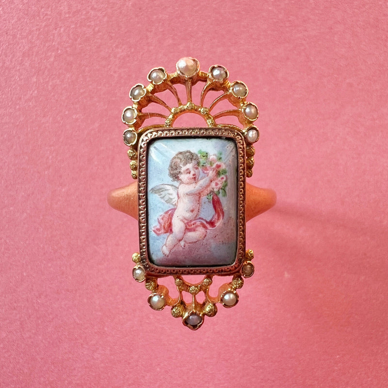 19th century 18K enamelled cherub miniature ring