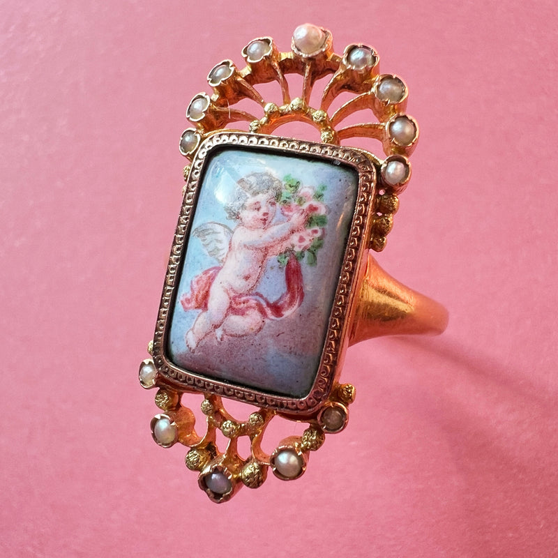 19th century 18K enamelled cherub miniature ring