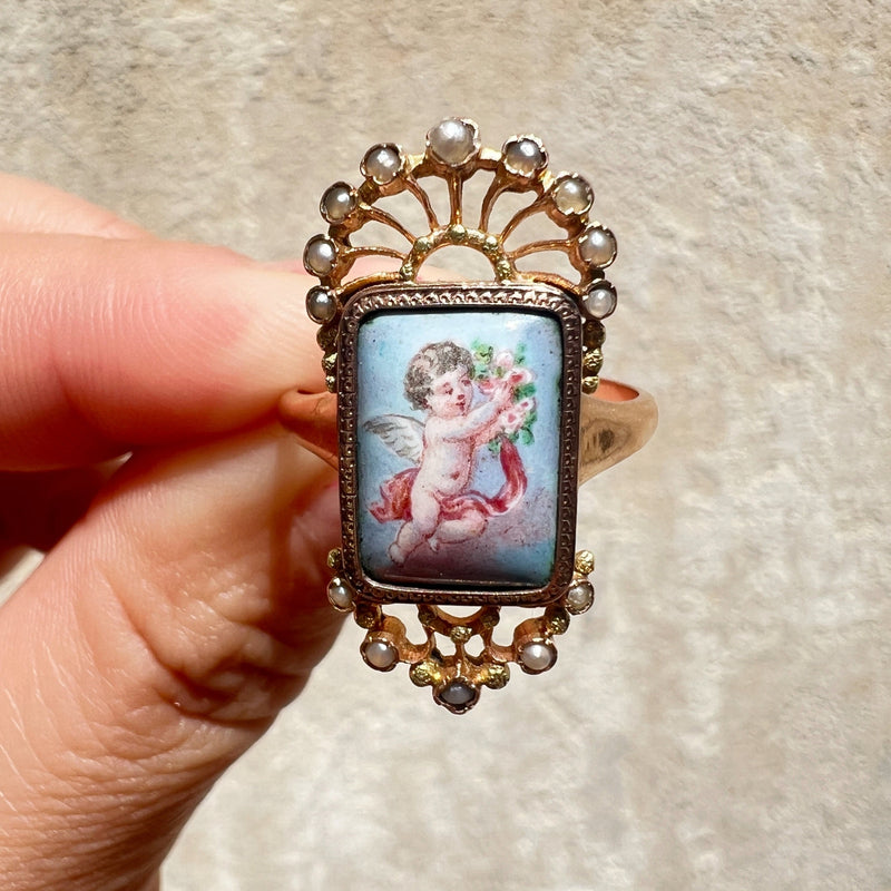 19th century 18K enamelled cherub miniature ring