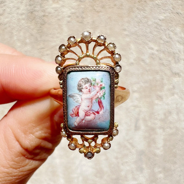 19th century 18K enamelled cherub miniature ring