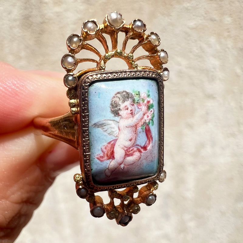 19th century 18K enamelled cherub miniature ring