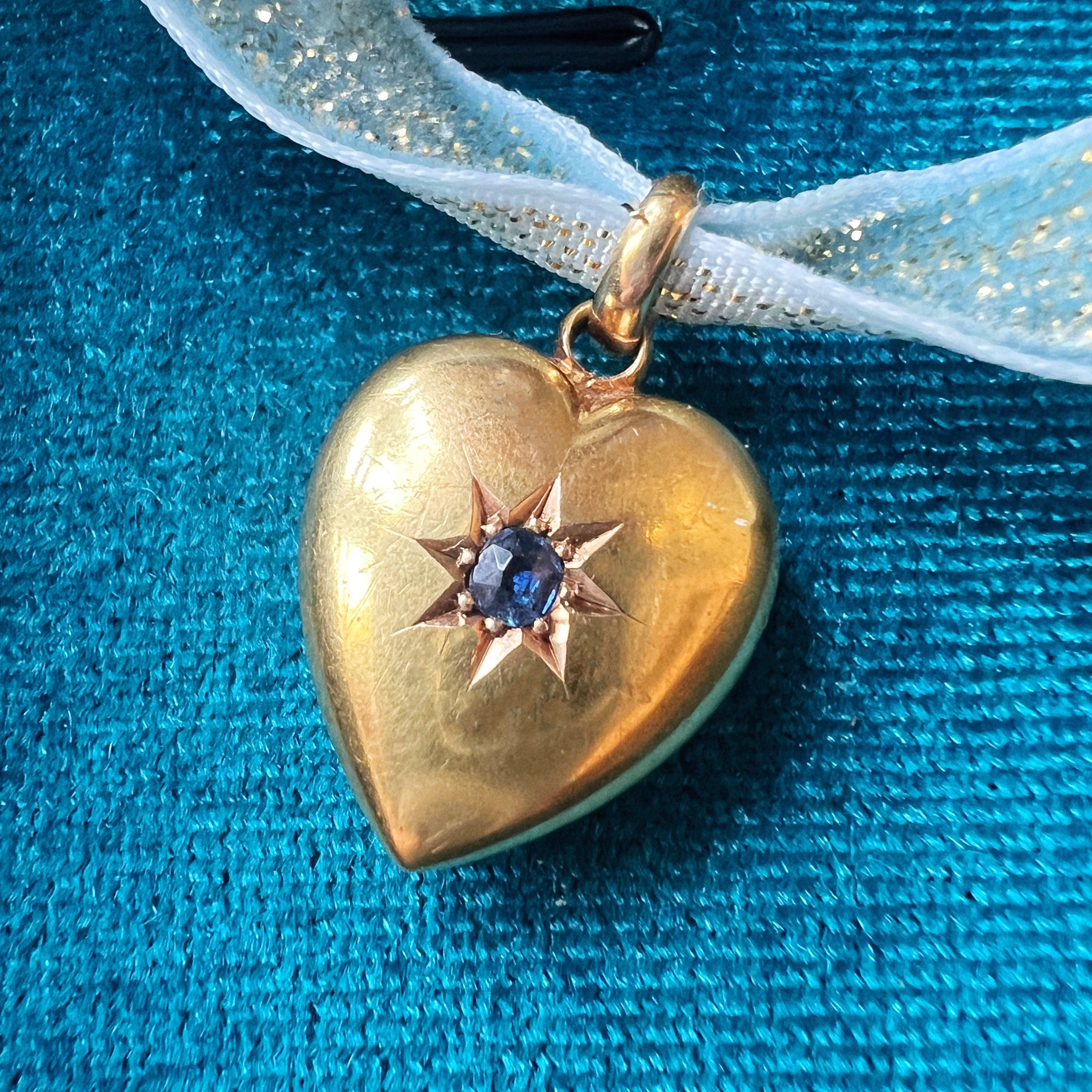 Edwardian 15K gold blue sapphire puffy heart pendant - Curiously timeless