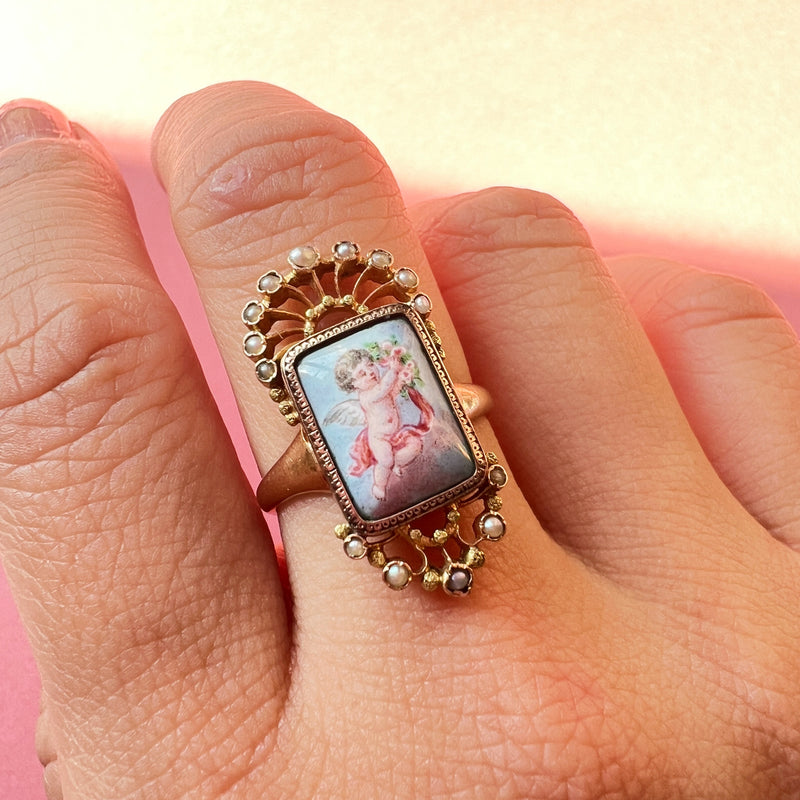 19th century 18K enamelled cherub miniature ring