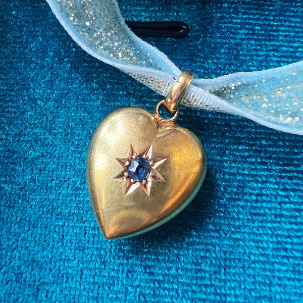 Edwardian 15K gold blue sapphire puffy heart pendant