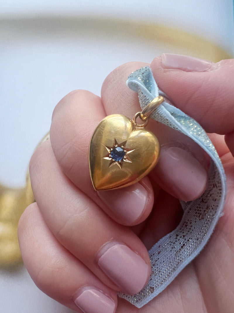 Edwardian 15K gold blue sapphire puffy heart pendant