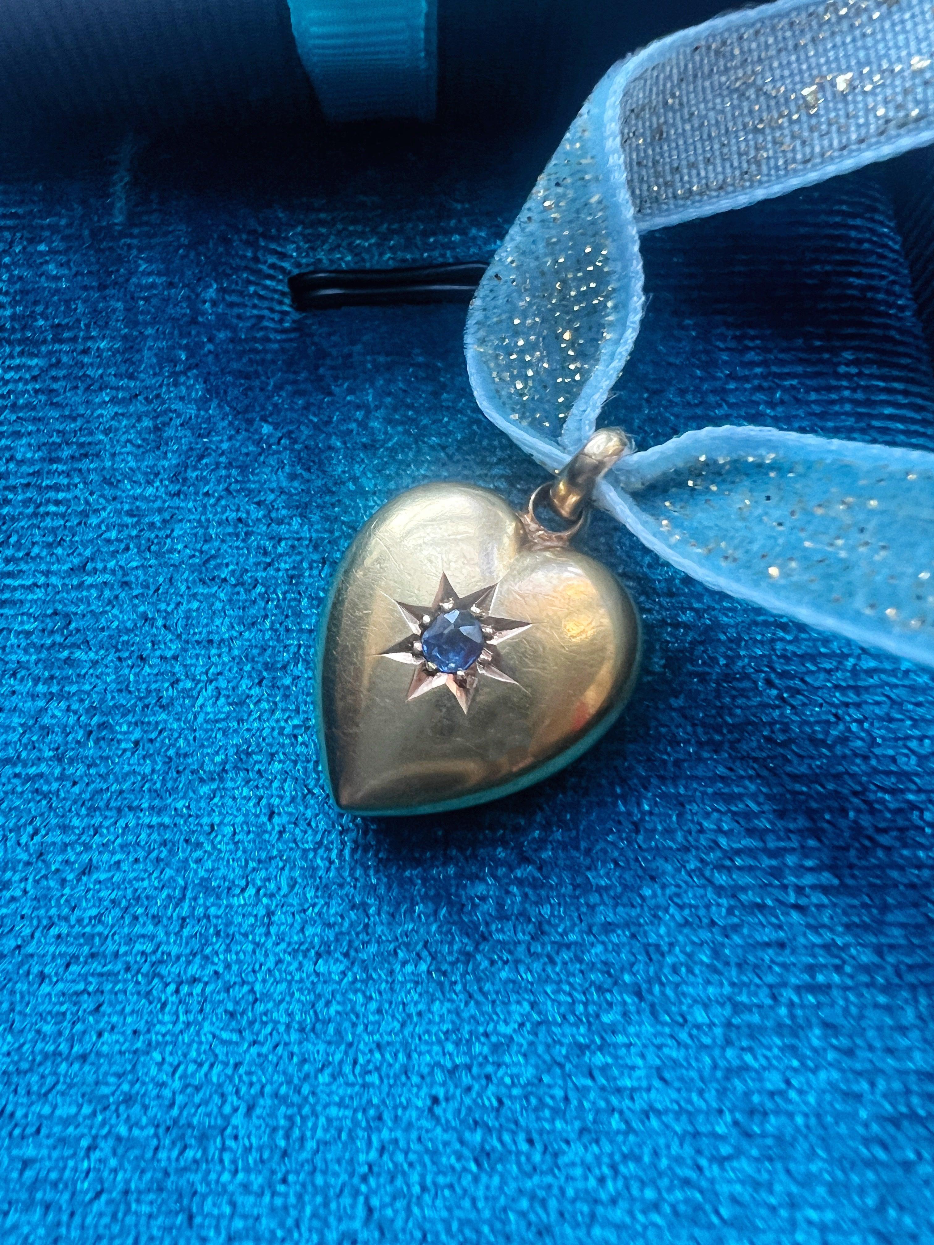 Edwardian 15K gold blue sapphire puffy heart pendant - Curiously timeless