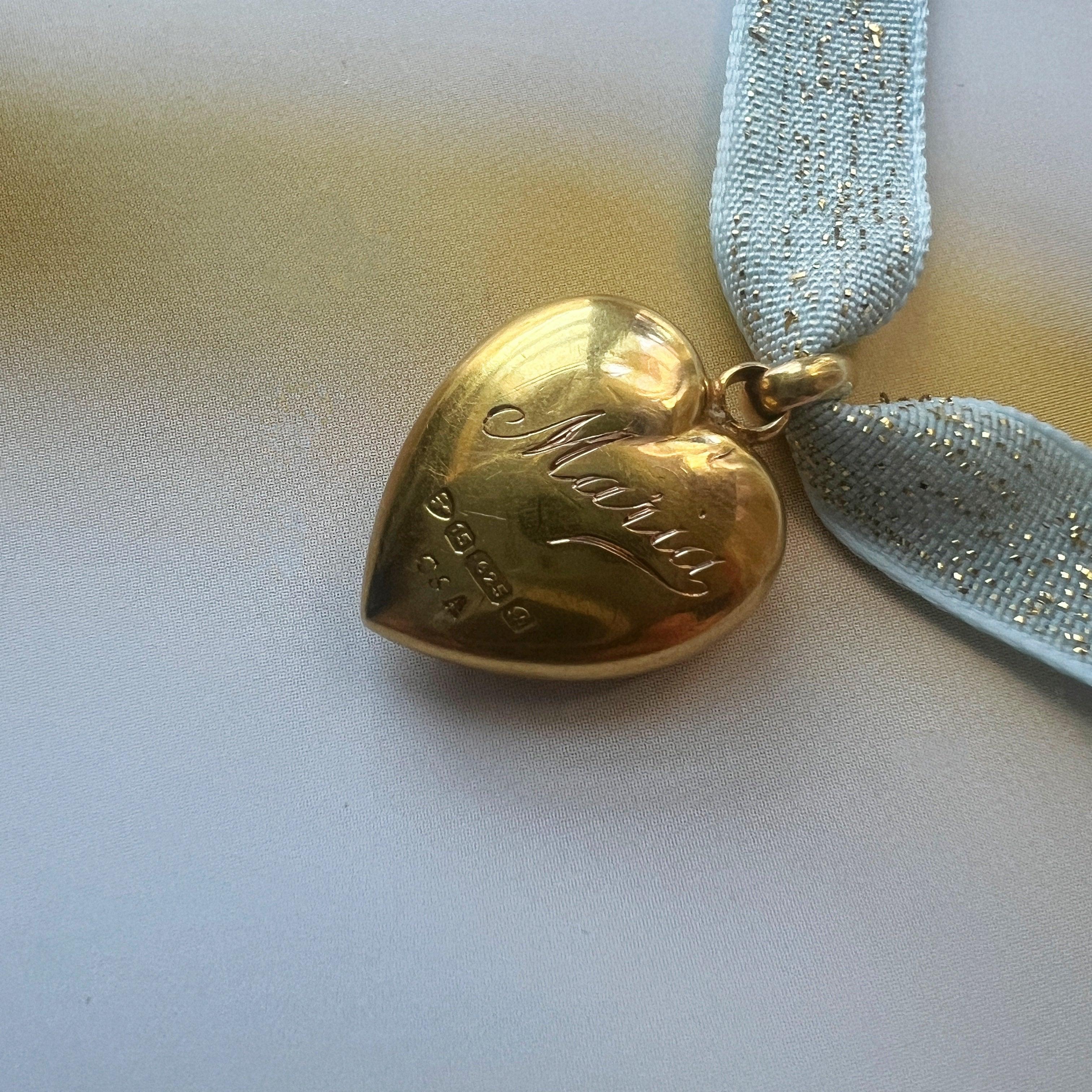 Edwardian 15K gold blue sapphire puffy heart pendant - Curiously timeless