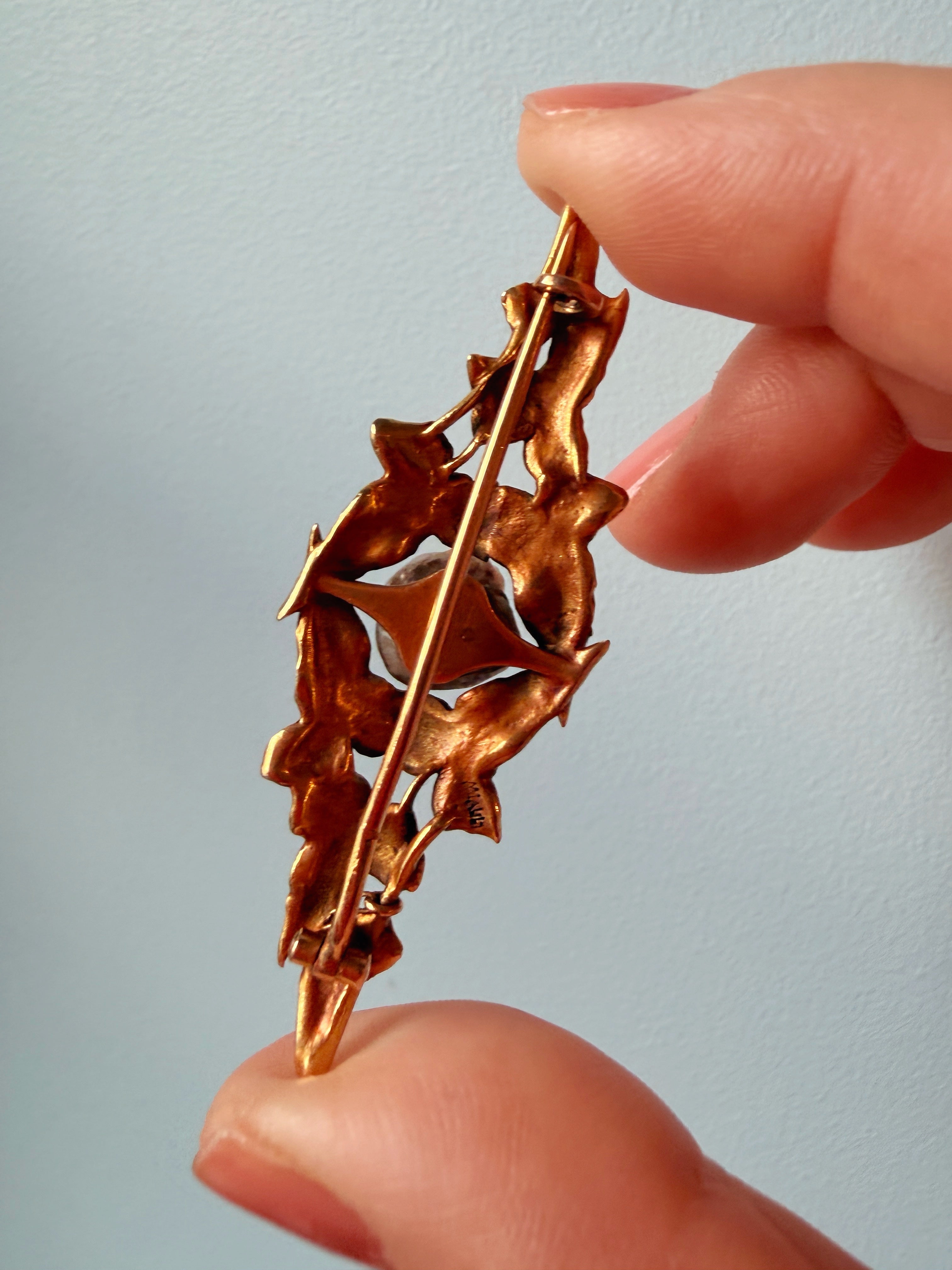 HENRI MIAULT Art Nouveau 18K ivy leaf brooch, certified natural pearl
