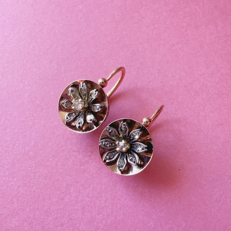 Victorian era 18K gold rose cut diamond daisy flower earrings