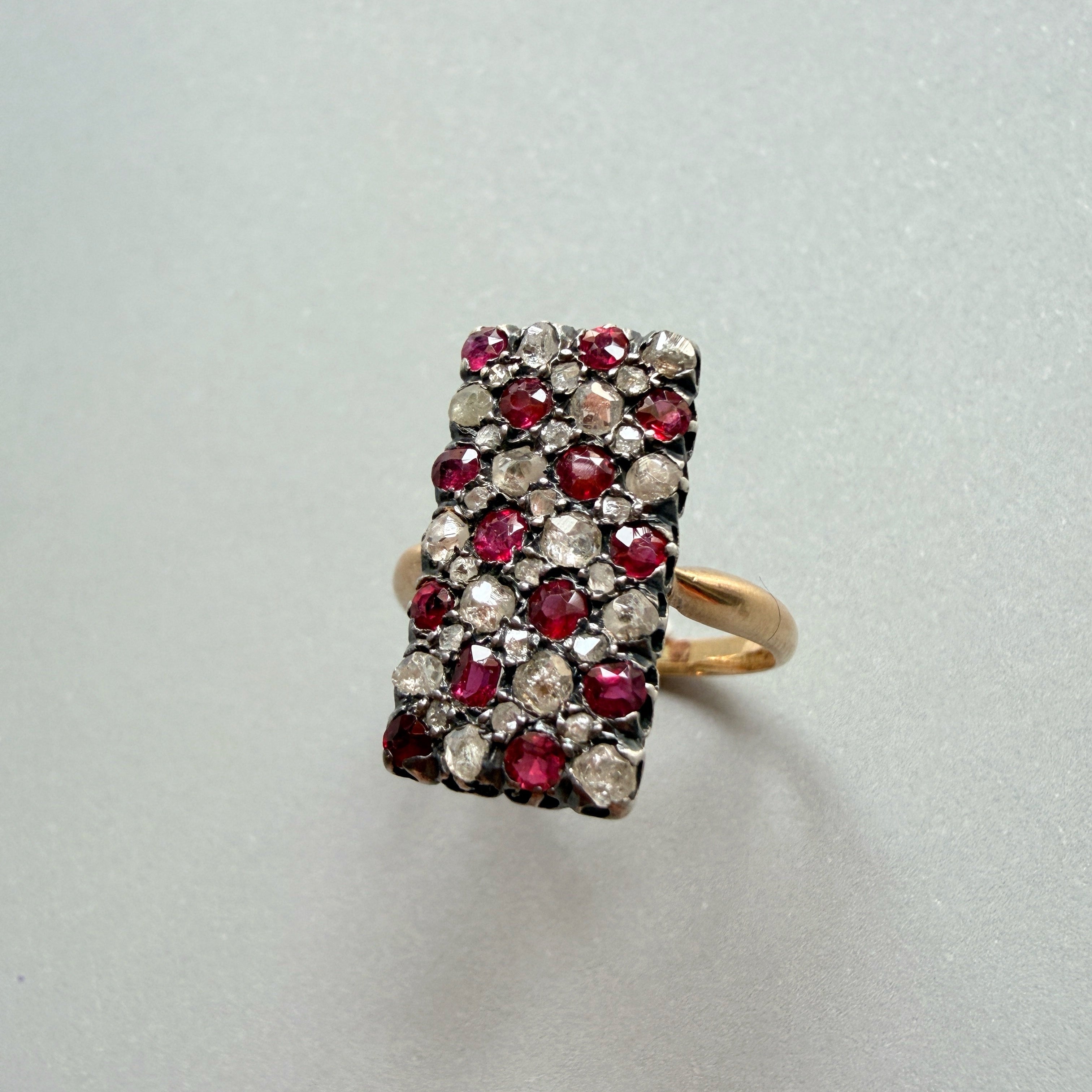 Victorian era 18K gold ruby diamond checkerboard ring