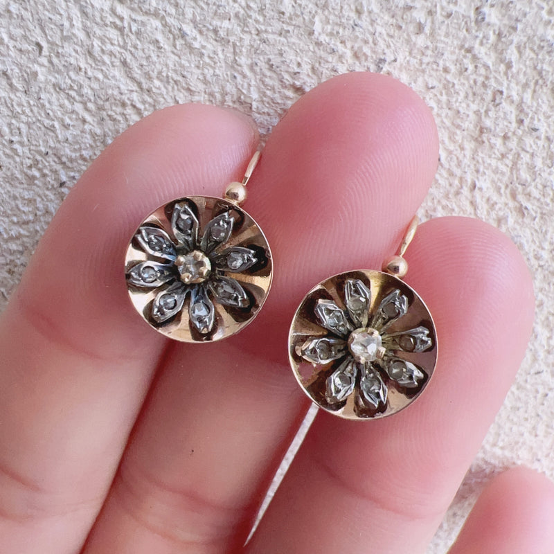 Victorian era 18K gold rose cut diamond daisy flower earrings