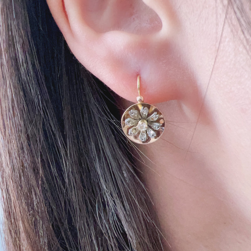 Victorian era 18K gold rose cut diamond daisy flower earrings