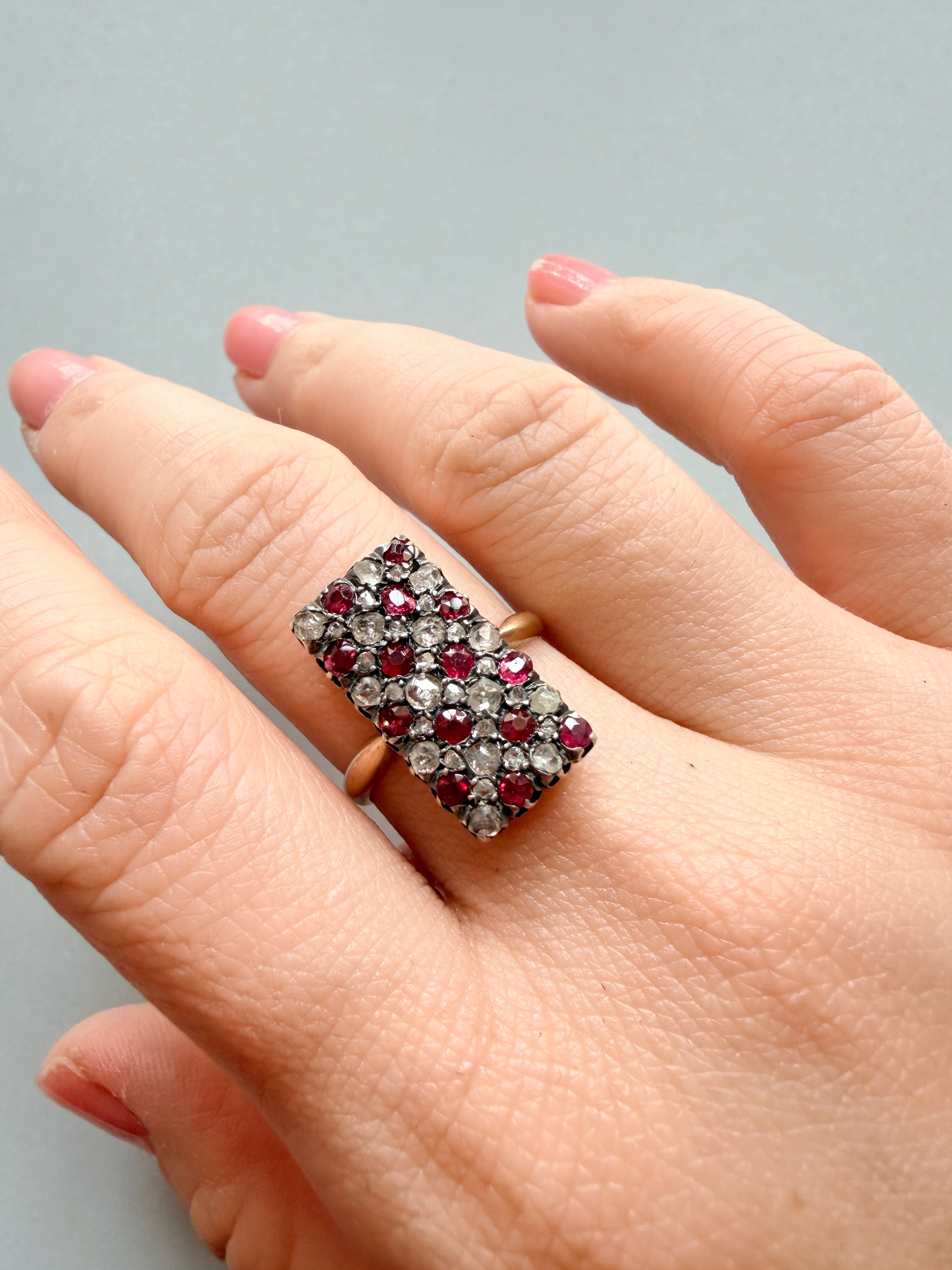 Victorian era 18K gold ruby diamond checkerboard ring