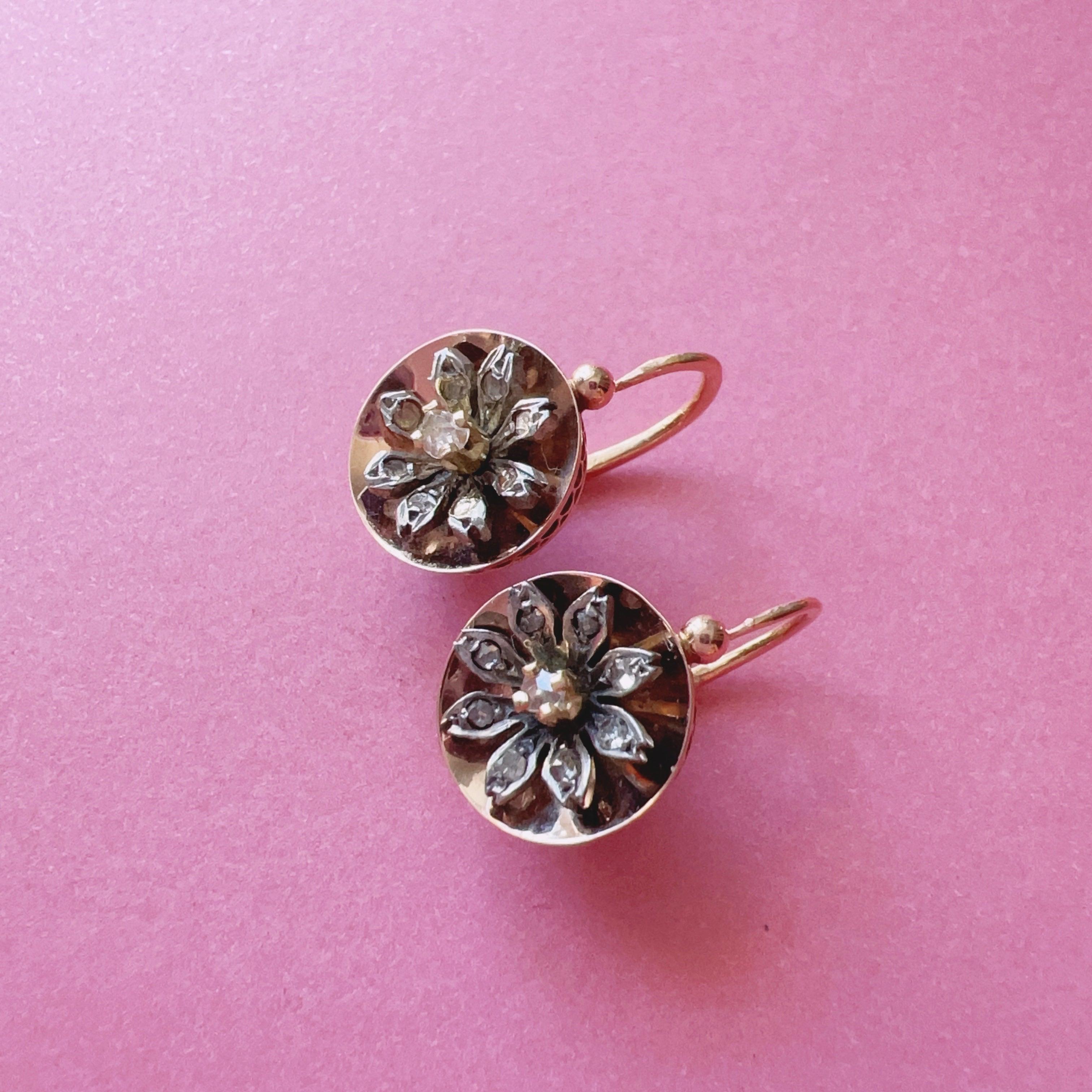 Victorian era 18K gold rose cut diamond daisy flower earrings - Curiously timeless