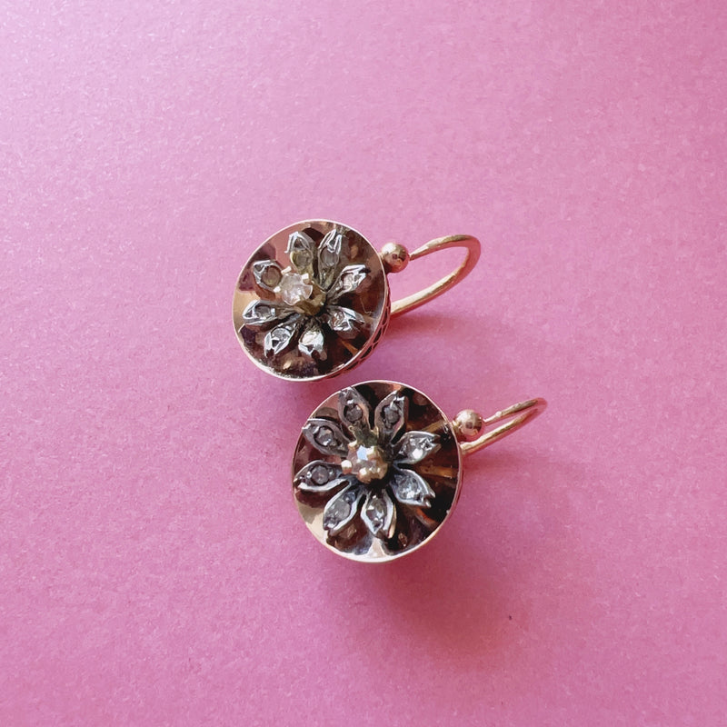 Victorian era 18K gold rose cut diamond daisy flower earrings