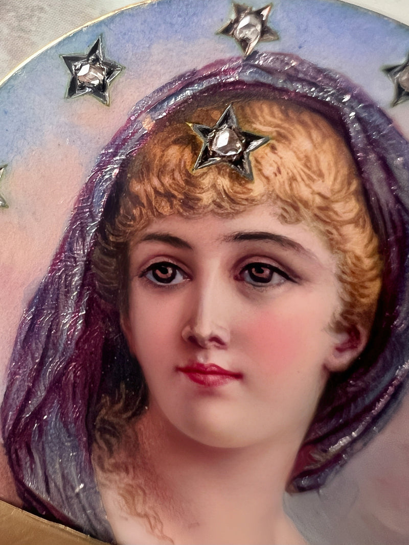 19th Century 18K Gold Miniature Portrait Brooch with diamond stars