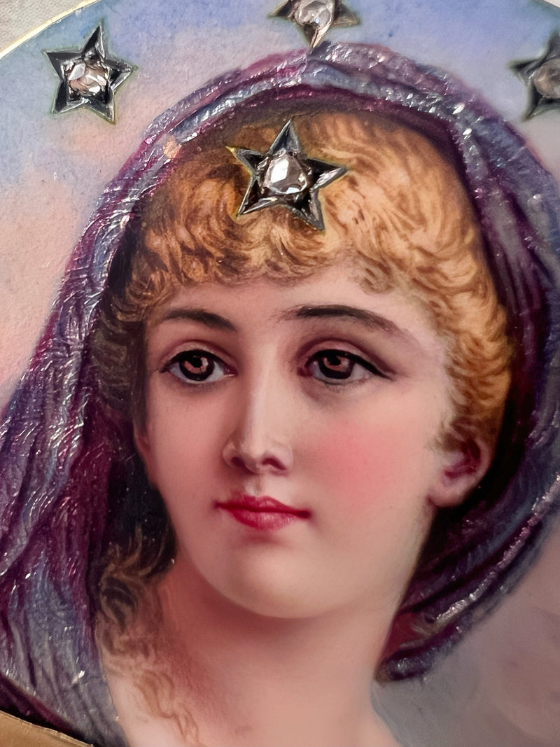 19th Century 18K Gold Miniature Portrait Brooch with diamond stars