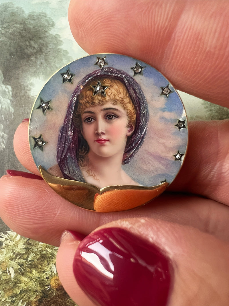 19th Century 18K Gold Miniature Portrait Brooch with diamond stars