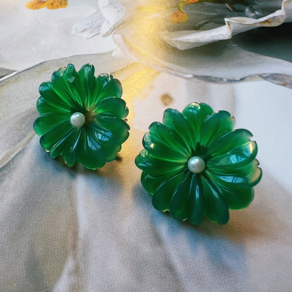 18K gold green chrysoprase pearl flower earrings