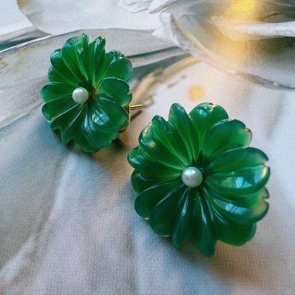 18K gold green chrysoprase pearl flower earrings