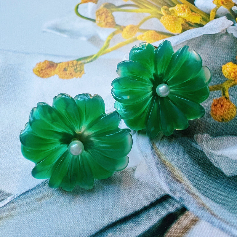 18K gold green chrysoprase pearl flower earrings