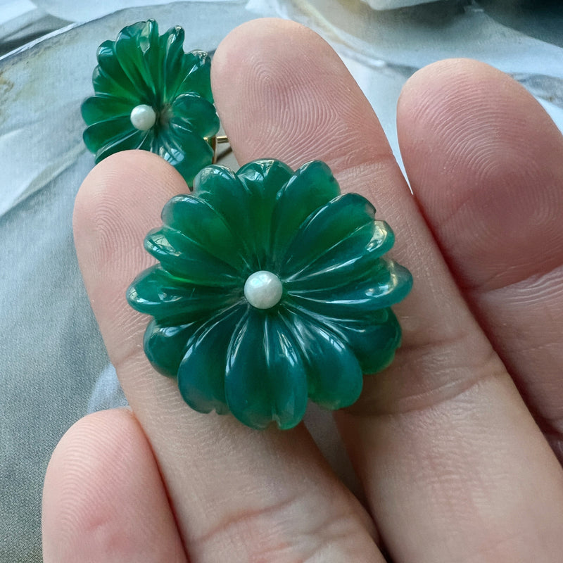 18K gold green chrysoprase pearl flower earrings